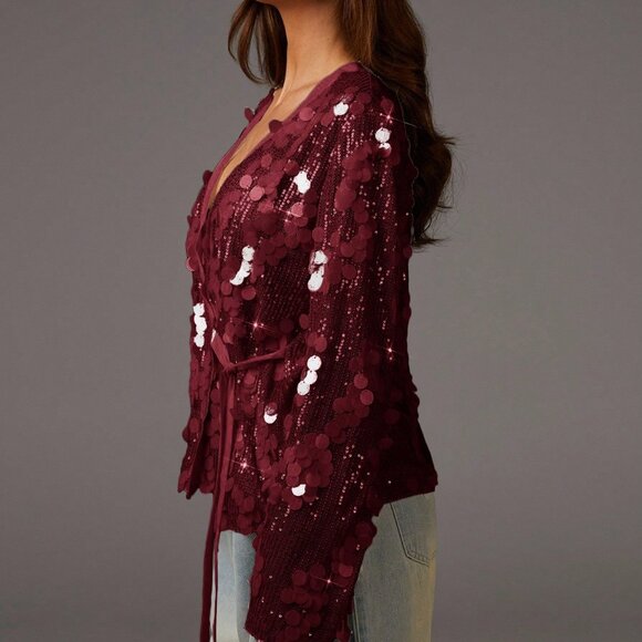 burgundy Party Women's long sleeve sequin Blouses - Picture 5 of 5